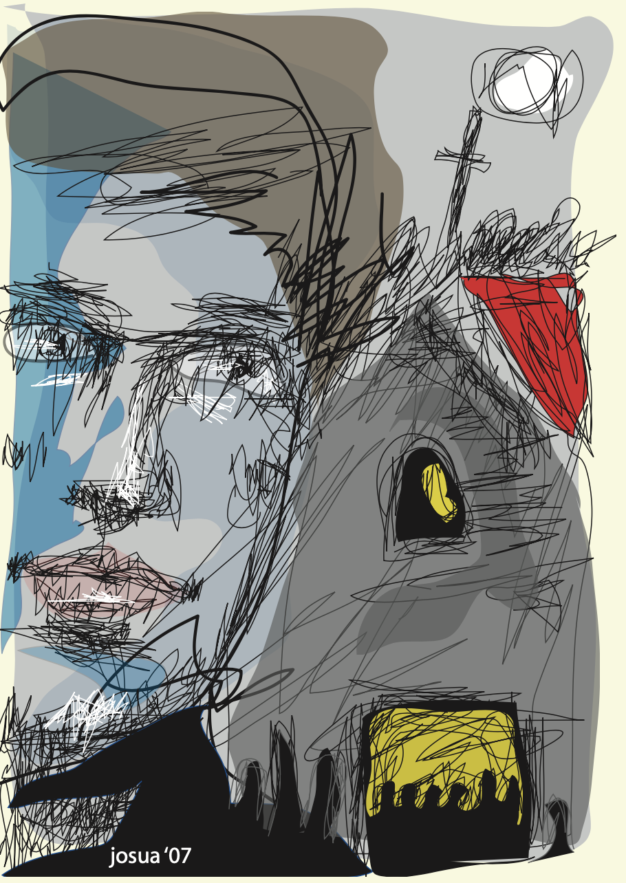 Sketch. Close up of a man's face in the foreground. A church with bells and a cross in the background. There is a moon in the sky.